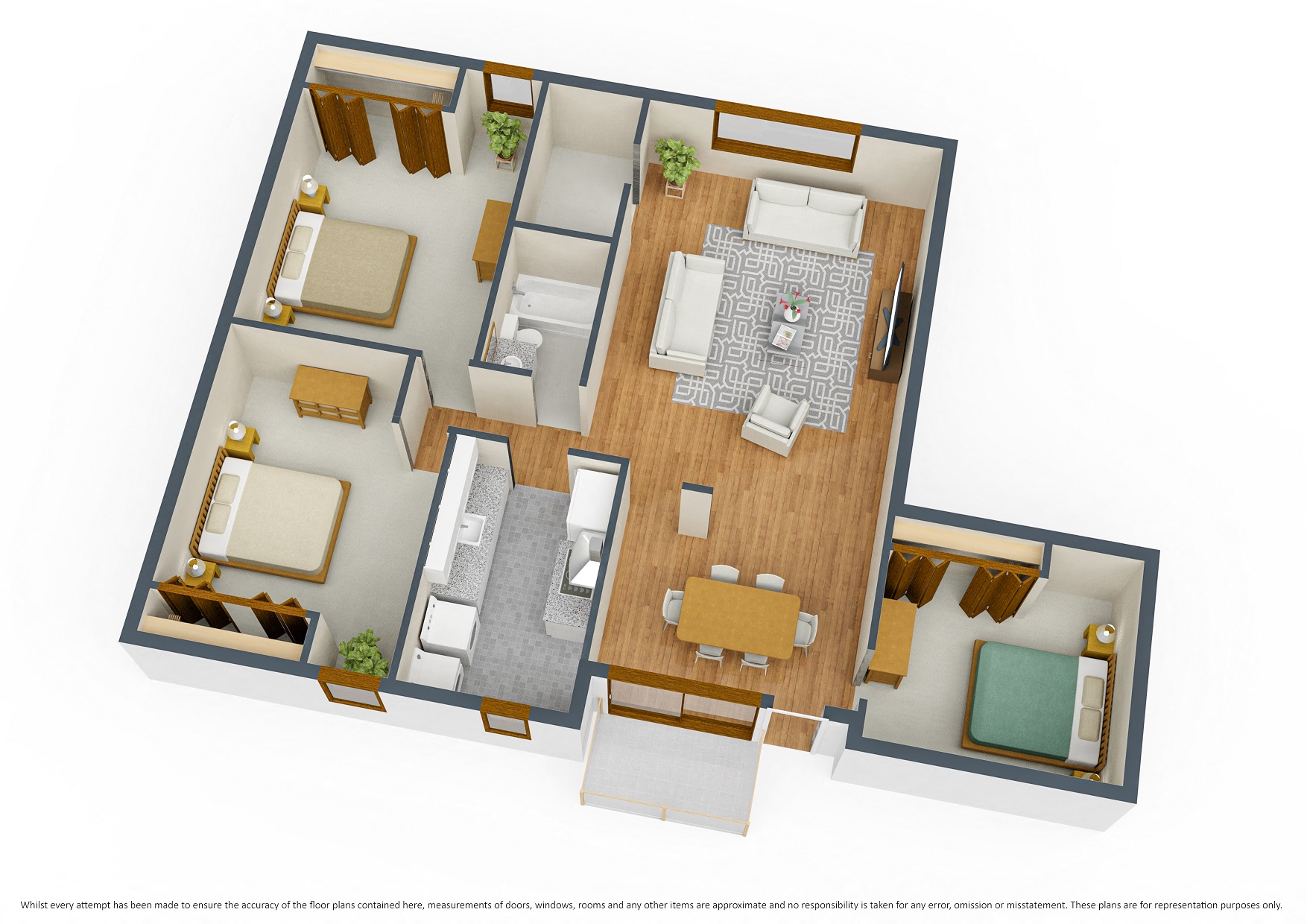Floor plan for 3 beds, 1 bath, 1035 sqft